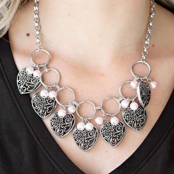 "Very Valentine"-Silver Heart/Pink Pearl Necklace - Picture 1 of 3